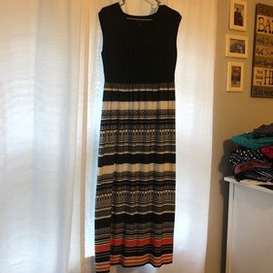 Black, white, coral striped maxi dress